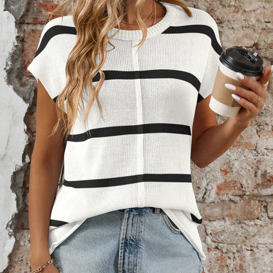 Striped Round Neck Short Sleeve Knit Top