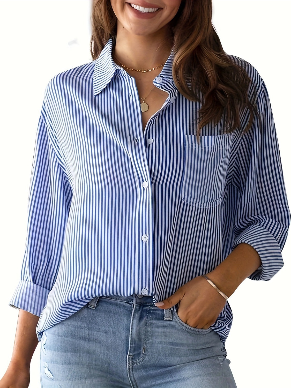 Striped Collared Neck Long Sleeve Shirt