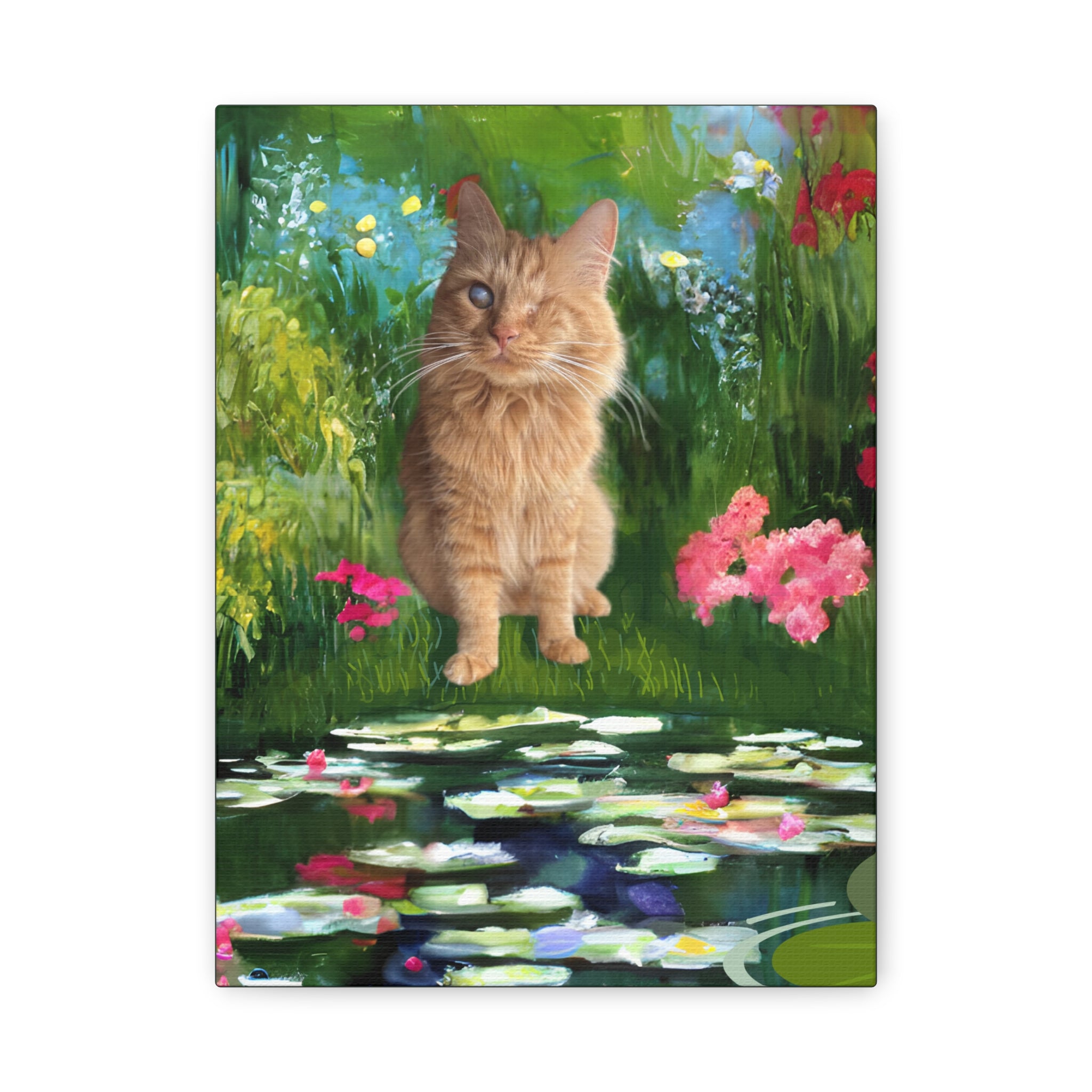 Whimsical Cat Art Canvas Print - Vivid Floral Pond Scene