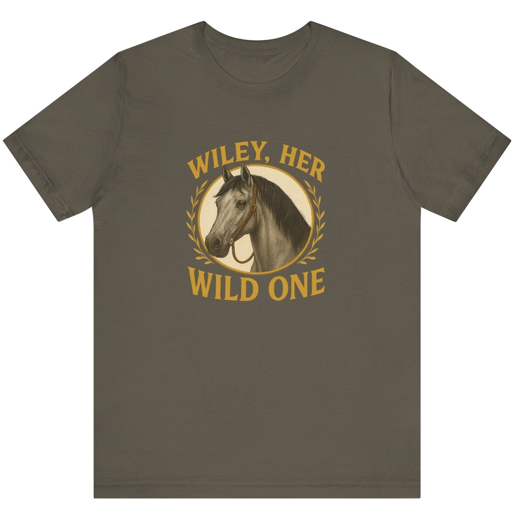Army color t-shirt with horse graphic and text on a white background