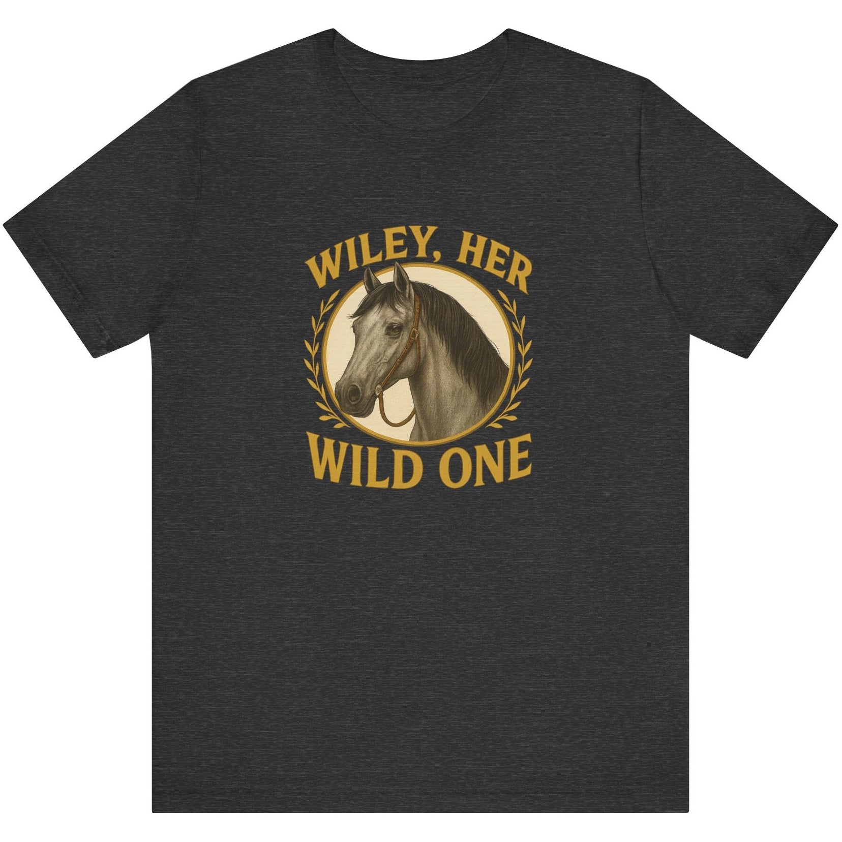Dark Gray Heathered t-shirt with a horse graphic and text 'Wiley, Her Wild One' on a white background
