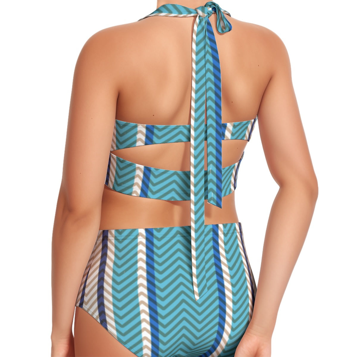 Chevron Blue Women's Swimsuit Set With Halter