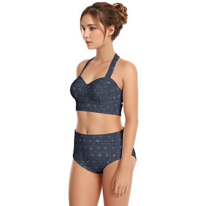 Woven Blue  Print Women's Swimsuit Set With Halter