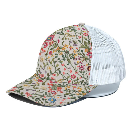 Lattice Flowers Trucker Hat With White Half-mesh