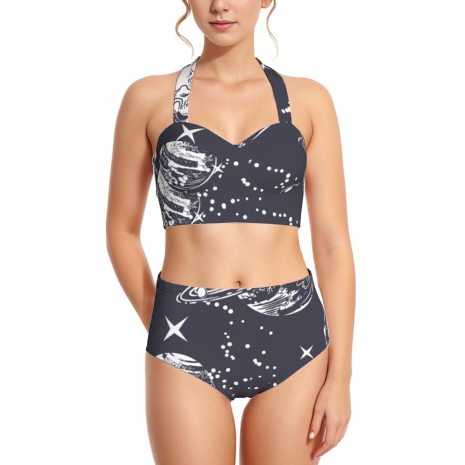 Black Sparks Women's Swimsuit Set With Halter