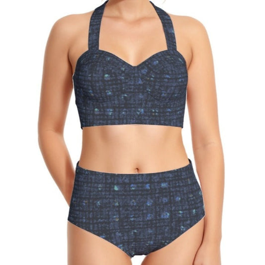 Woven Blue  Print Women's Swimsuit Set With Halter