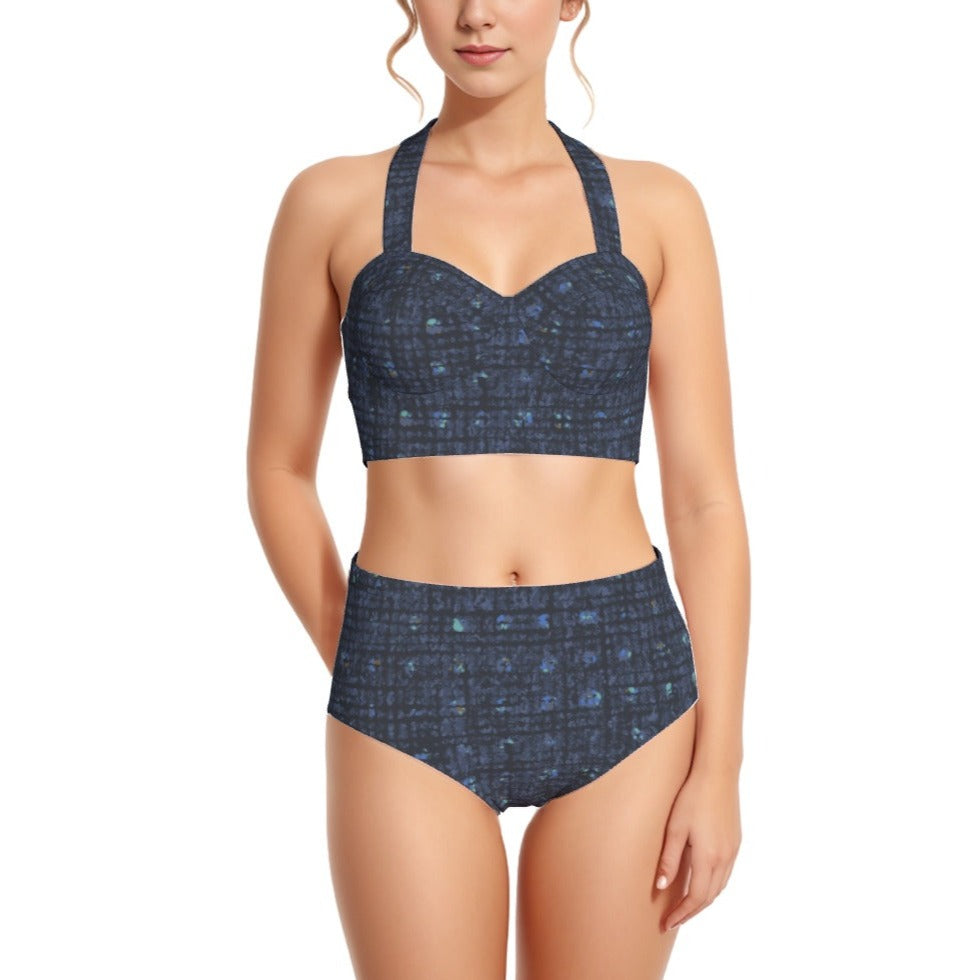 Woven Blue  Print Women's Swimsuit Set With Halter