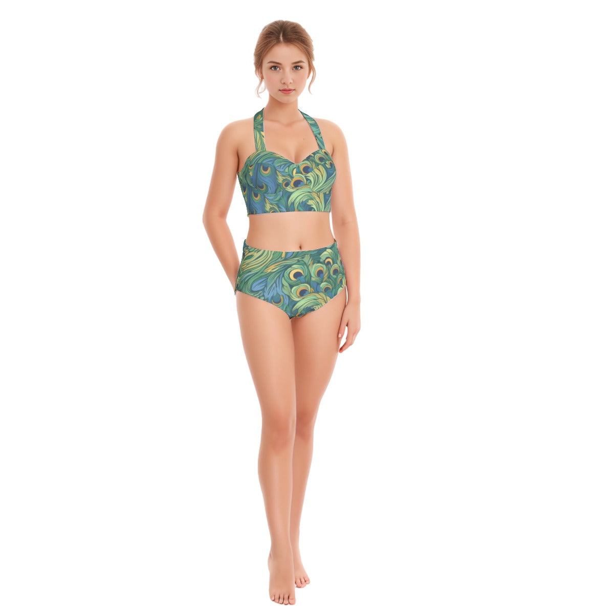 Peacock Plumes Women's Swimsuit Set With Halter