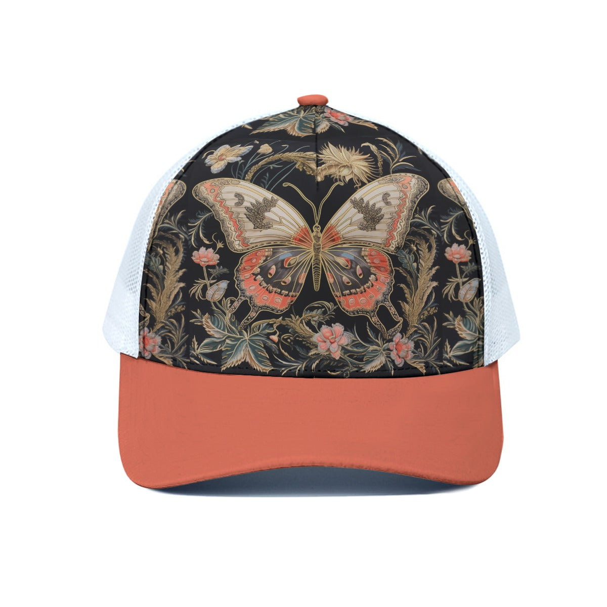 Coral Butterfly Trucker Hat With White Half-mesh