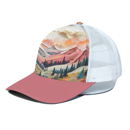 Majestic Mountains Pink Trucker Hat With White Half-mesh