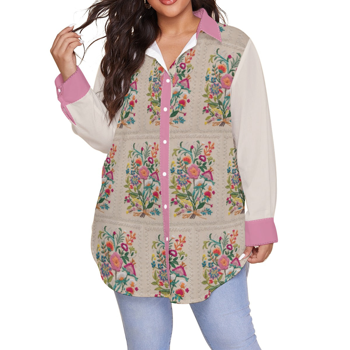 Fushia Embroidery Women's Shirt (Plus Size) AOP