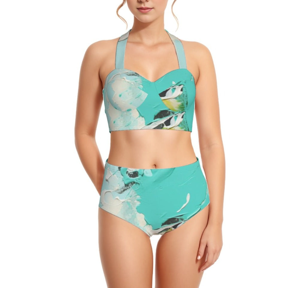 Turquoise Women's Swimsuit Set With Halter