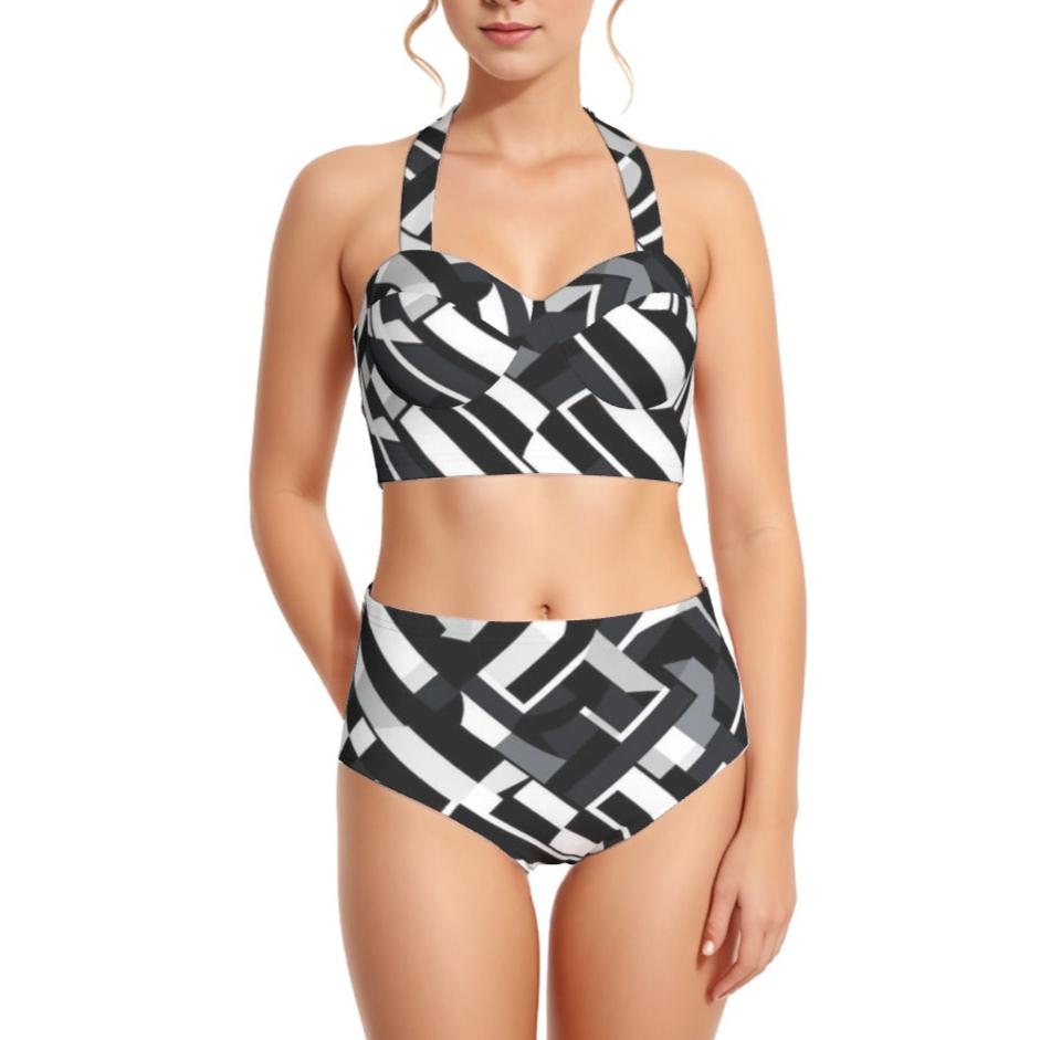 Diagonal Diamond Women's Swimsuit Set With Halter