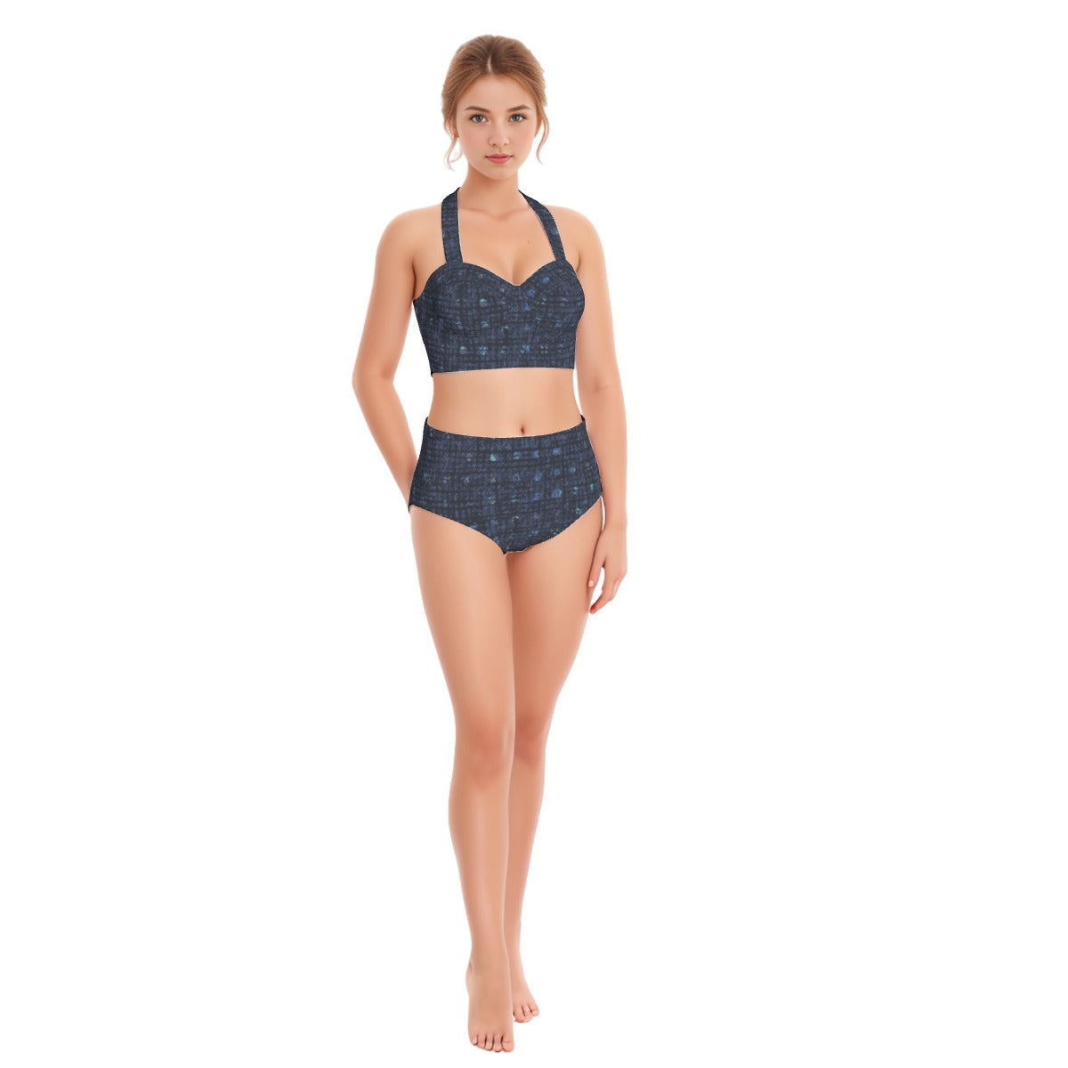 Woven Blue  Print Women's Swimsuit Set With Halter