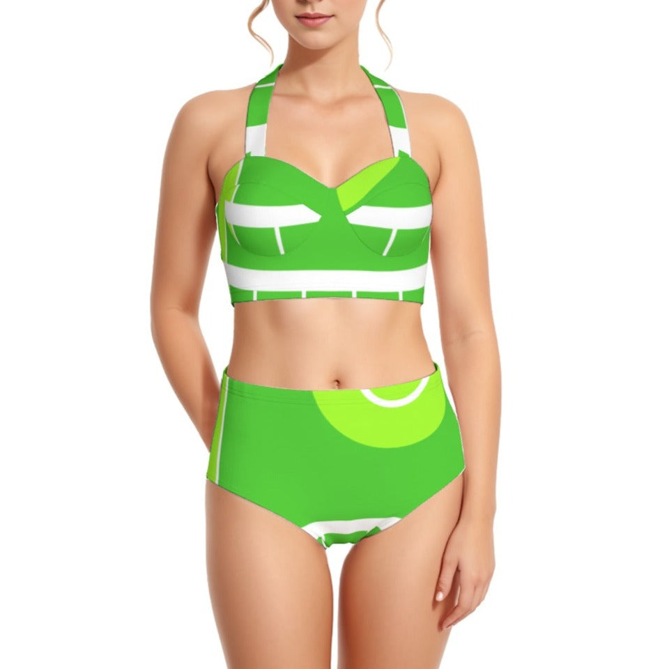 Neon Green Women's Swimsuit Set With Halter