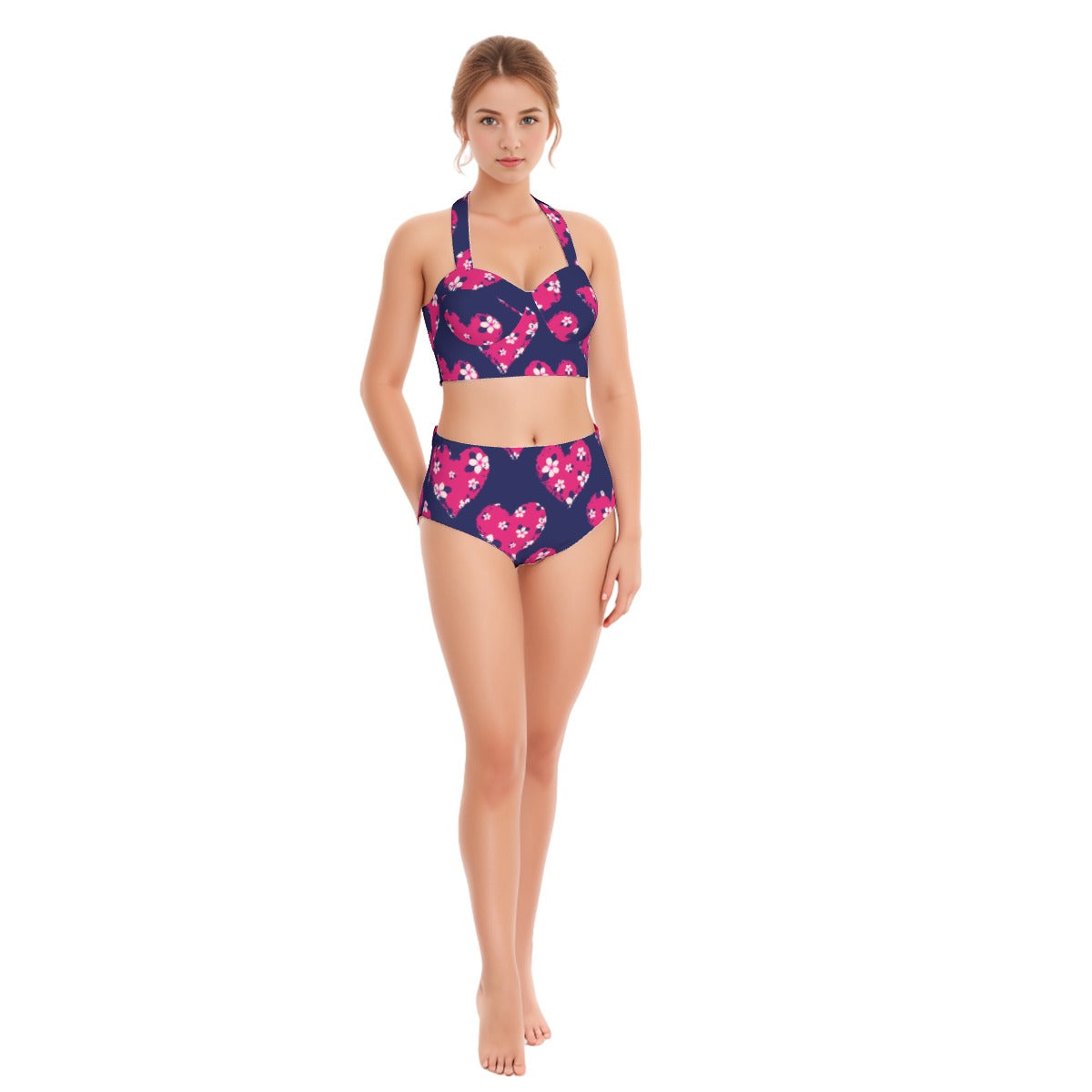 Hearts in Navy Women's Swimsuit Set With Halter