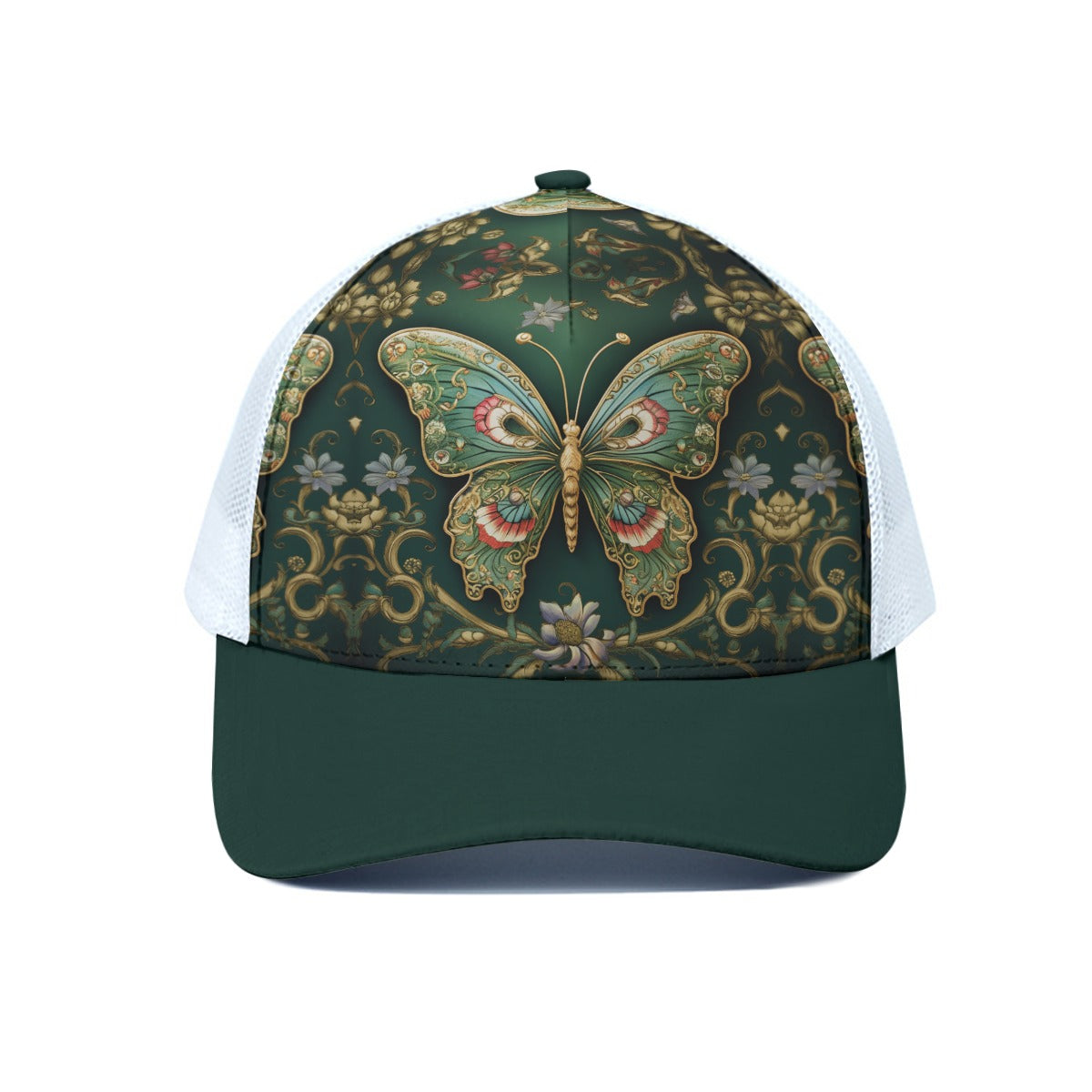 Green Butterfly Trucker Hat With White Half-mesh