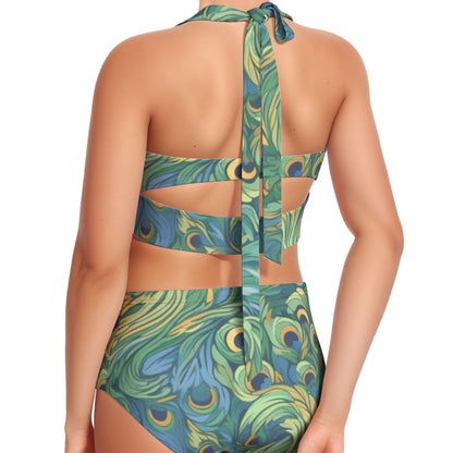 Peacock Plumes Women's Swimsuit Set With Halter