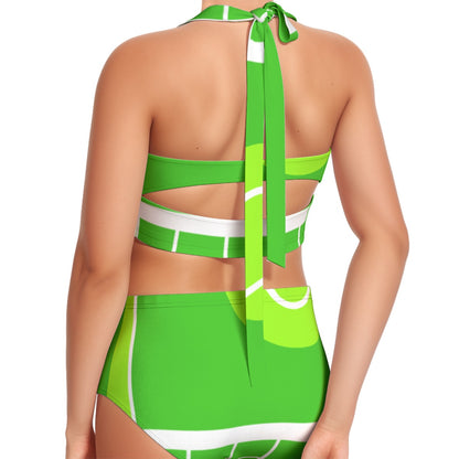 Neon Green Women's Swimsuit Set With Halter