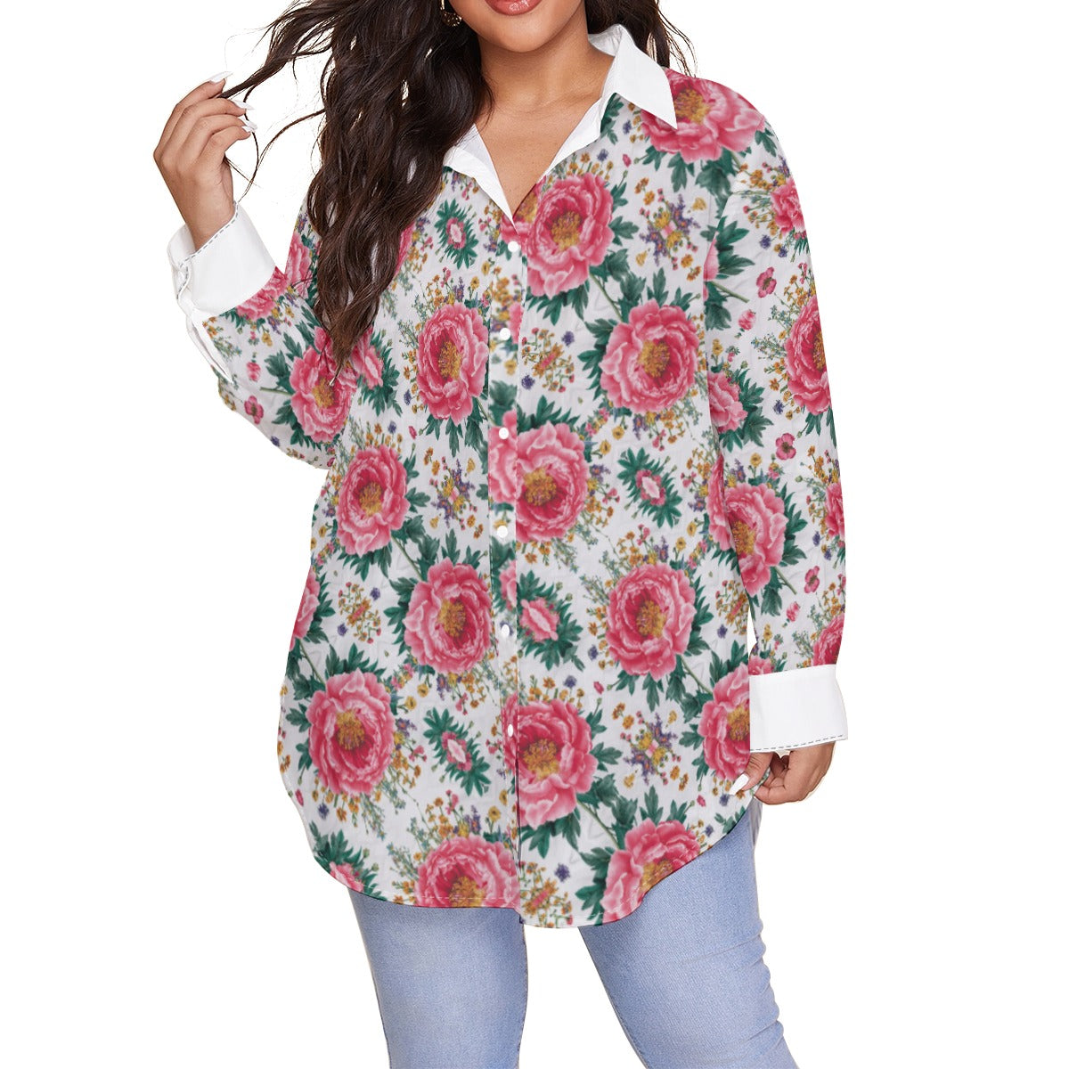 Hot Pink Peony on Bias - Women's Shirt With Long Sleeve(Plus Size)