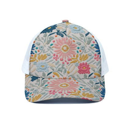 Pink Vintage Petals Trucker Hat With White Half-mesh