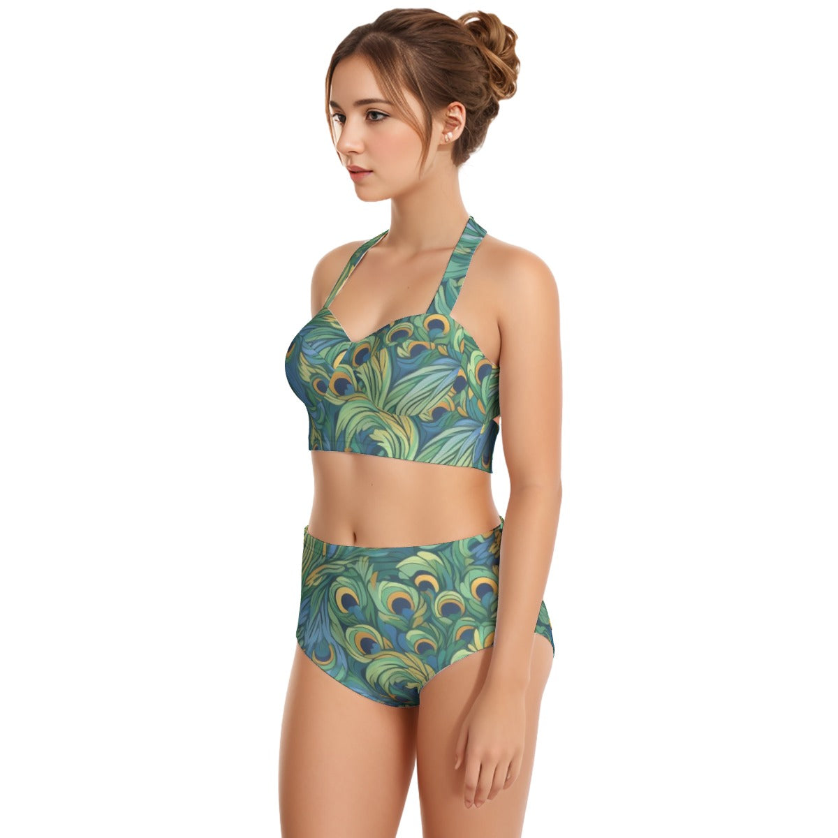 Peacock Plumes Women's Swimsuit Set With Halter