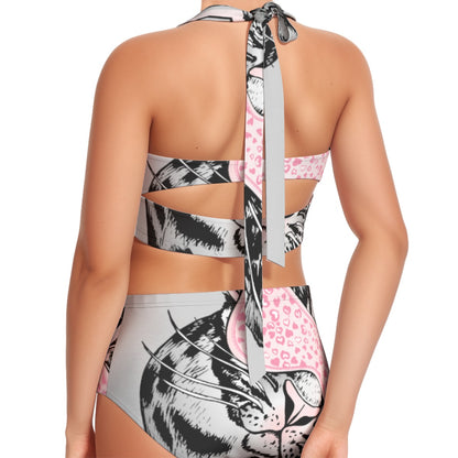 Pink Tiger Women's Swimsuit Set With Halter