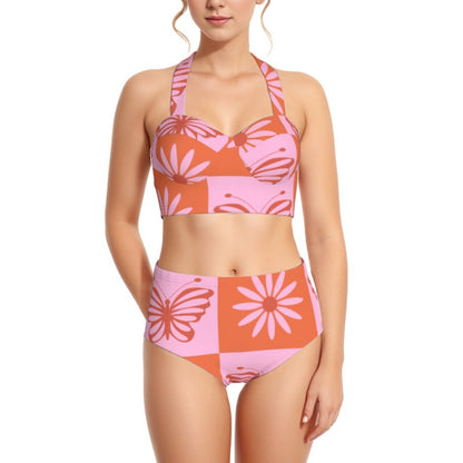 Pink Butterfly Print Women's Swimsuit Set With Halter