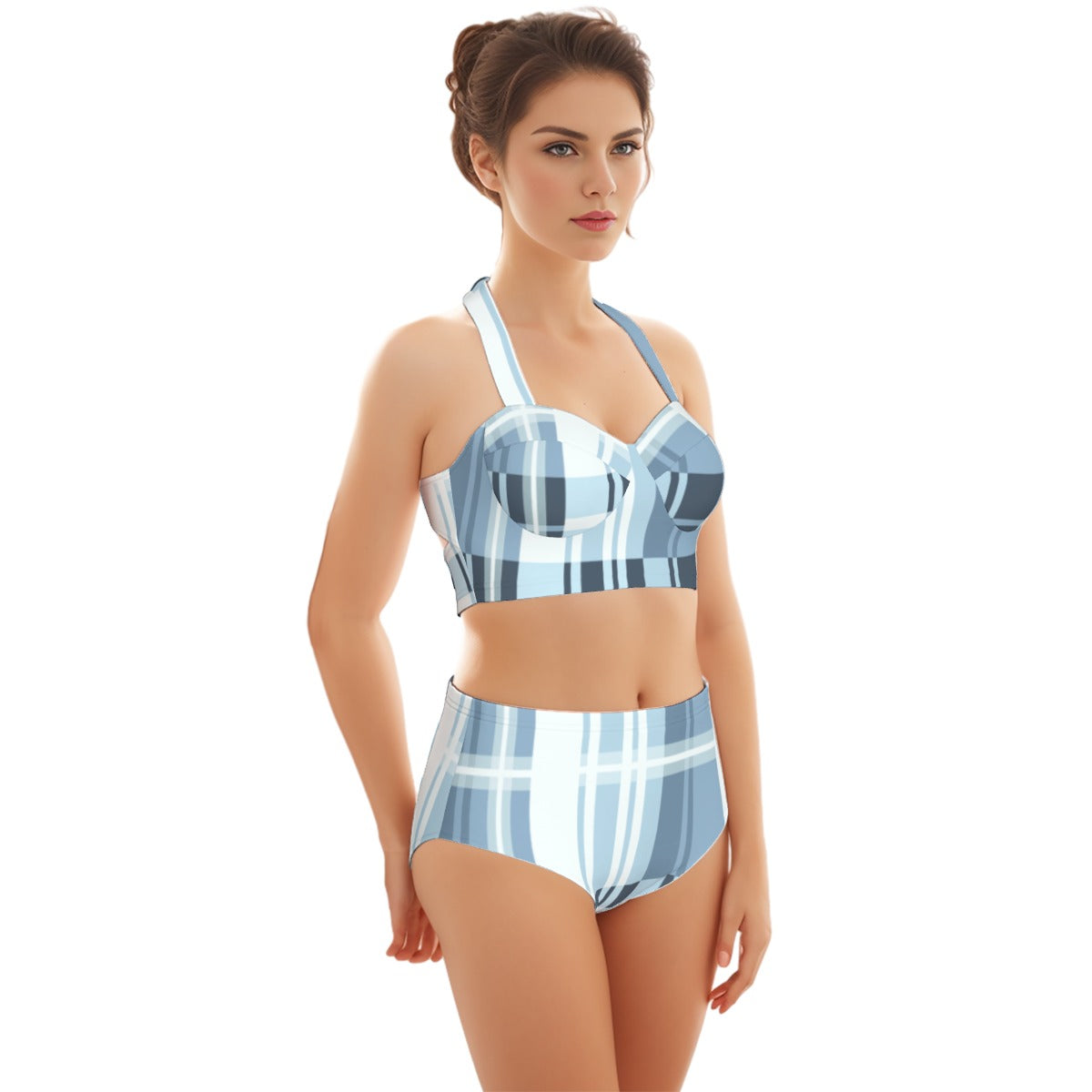 Blue Plaid Women's Swimsuit Set With Halter