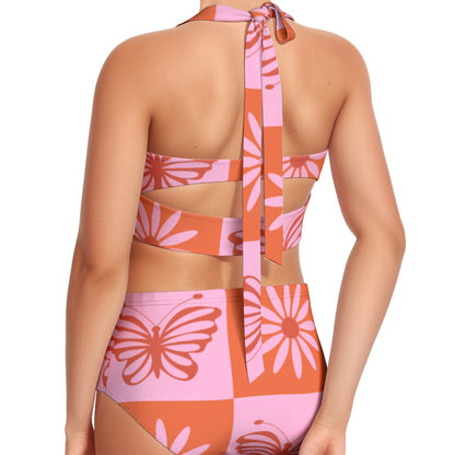 Pink Butterfly Print Women's Swimsuit Set With Halter