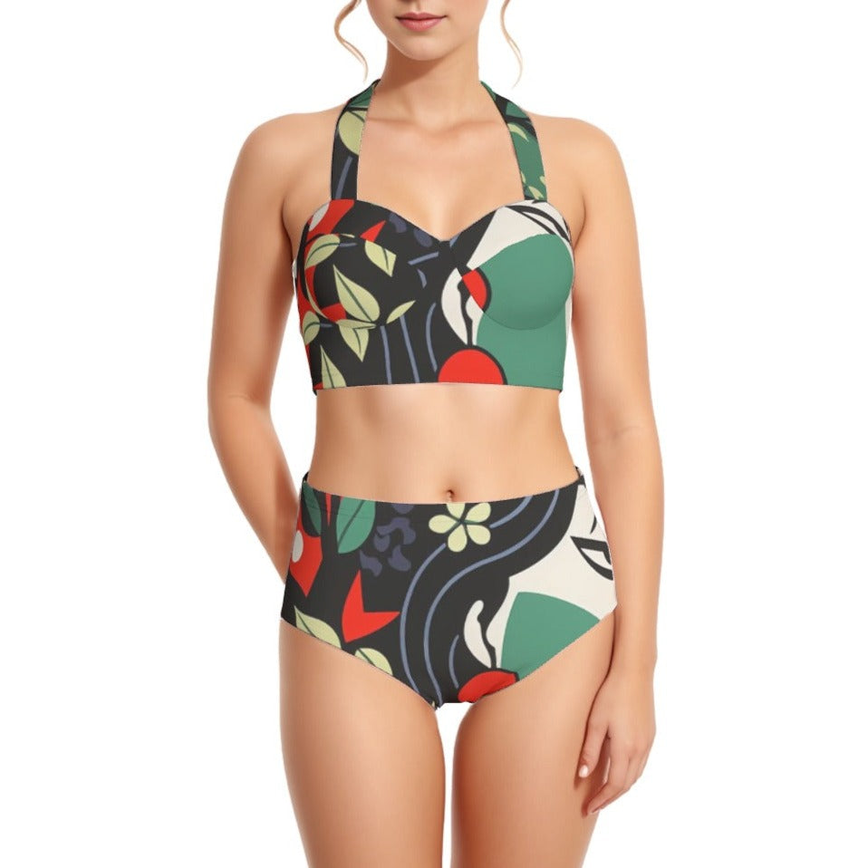 Tropicana Print Women's Swimsuit Set With Halter