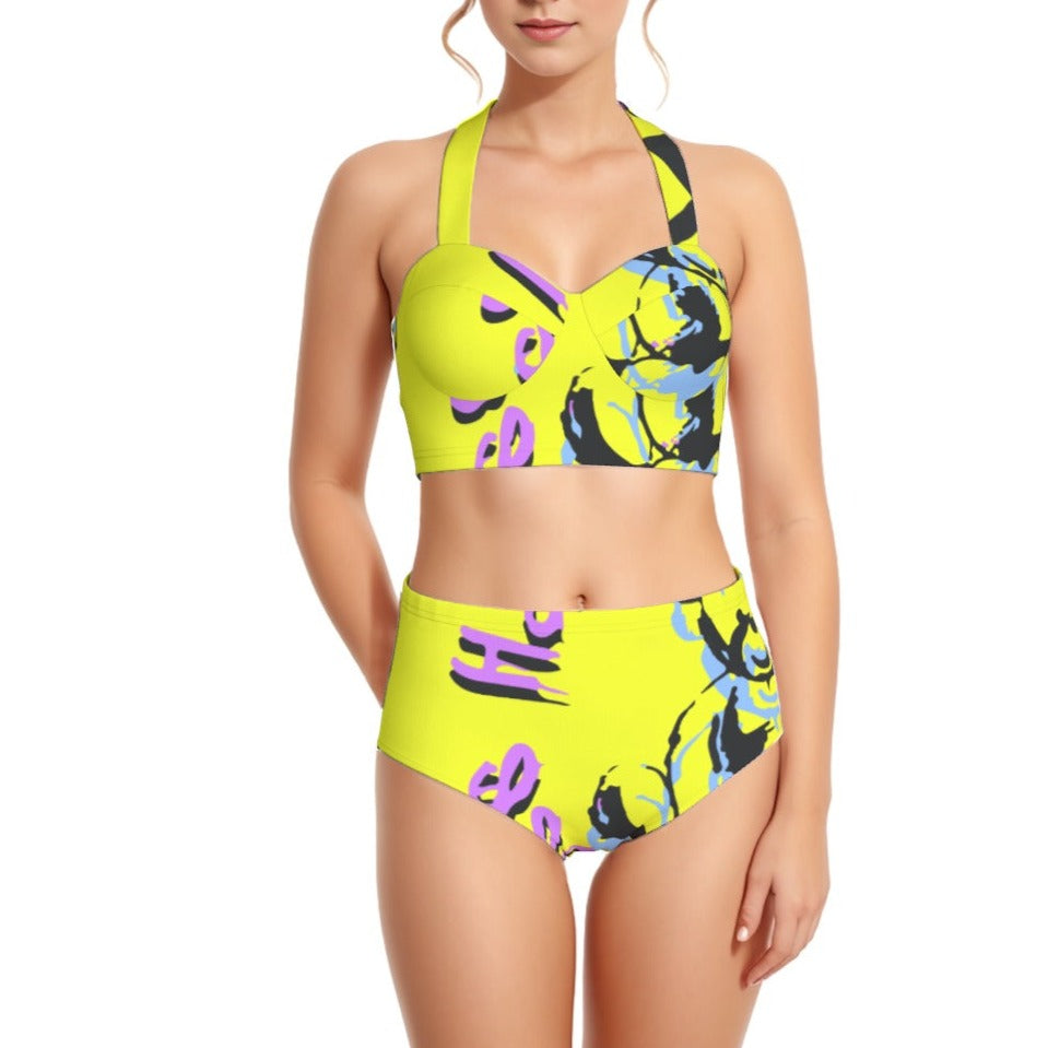Yellow Hues Women's Swimsuit Set With Halter