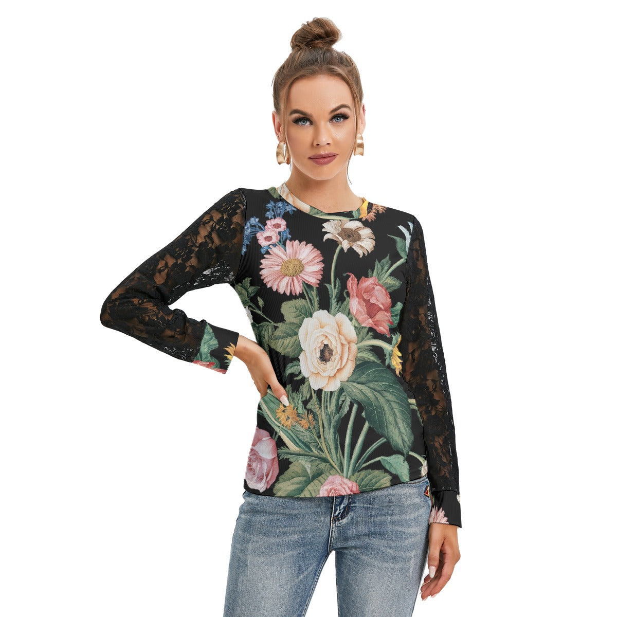 All-Over Print Women's T-shirt And Sleeve With Black Lace