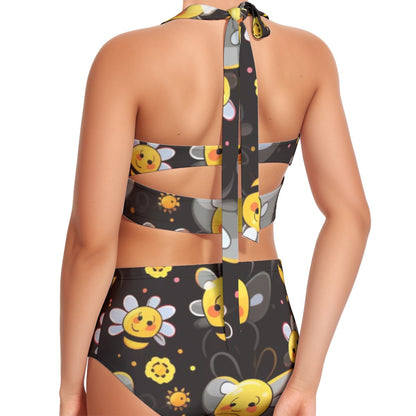 Bee Happy Women's Swimsuit Set With Halter