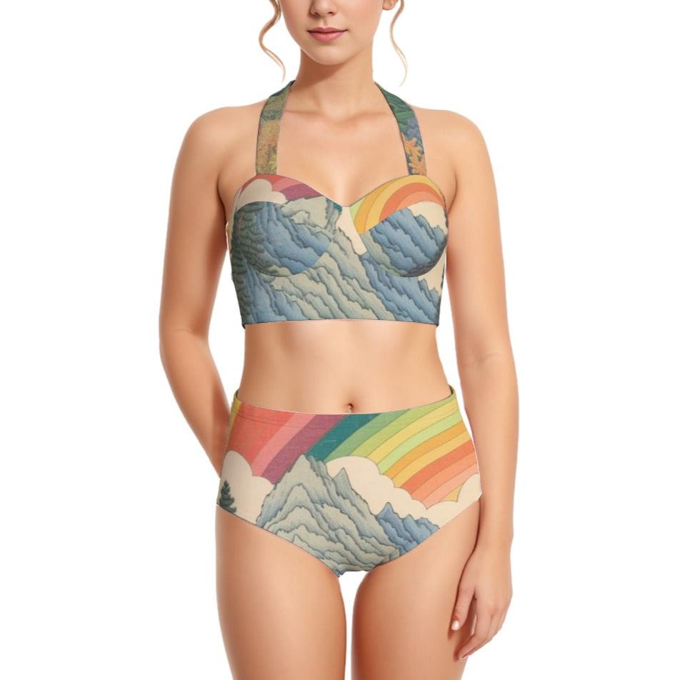 Mountain Rainbow Women's Swimsuit Set With Halter