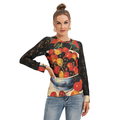 Summer Cherries Women's T-shirt And Sleeve With Black Lace