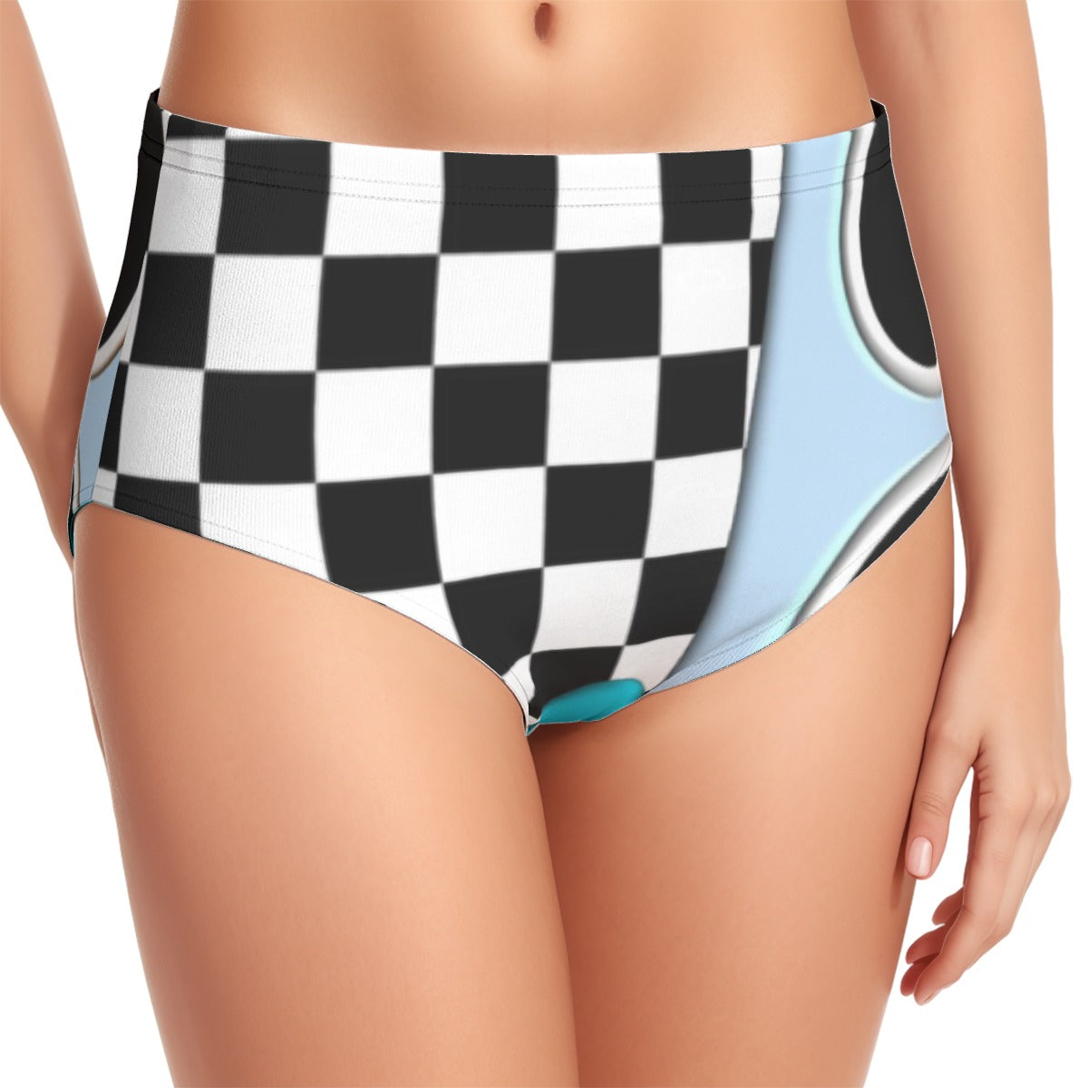 Blue Checks Print Women's Swimsuit Set With Halter