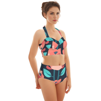 Spring Tulips AOP Women's Swimsuit Set With Halter