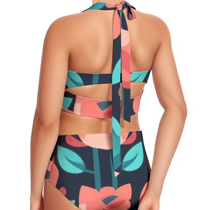 Spring Tulips AOP Women's Swimsuit Set With Halter