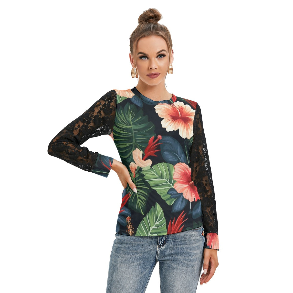 Hawaiian Hibiscus Holiday Women's T-shirt With Black Lace