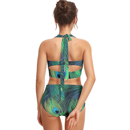 Peacock Feathers Women's Swimsuit Set With Halter