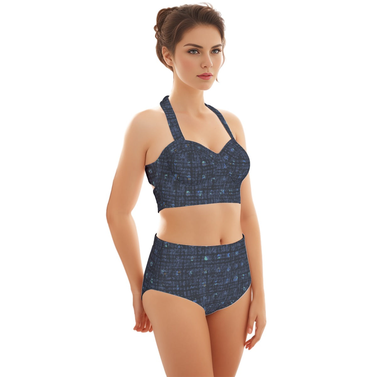 Woven Blue  Print Women's Swimsuit Set With Halter