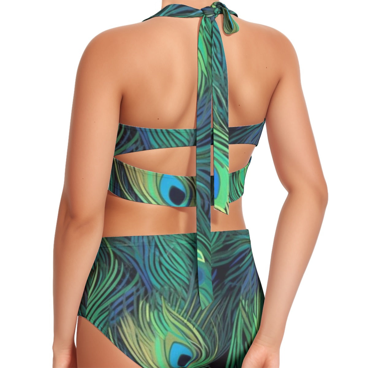 Peacock Feathers Women's Swimsuit Set With Halter