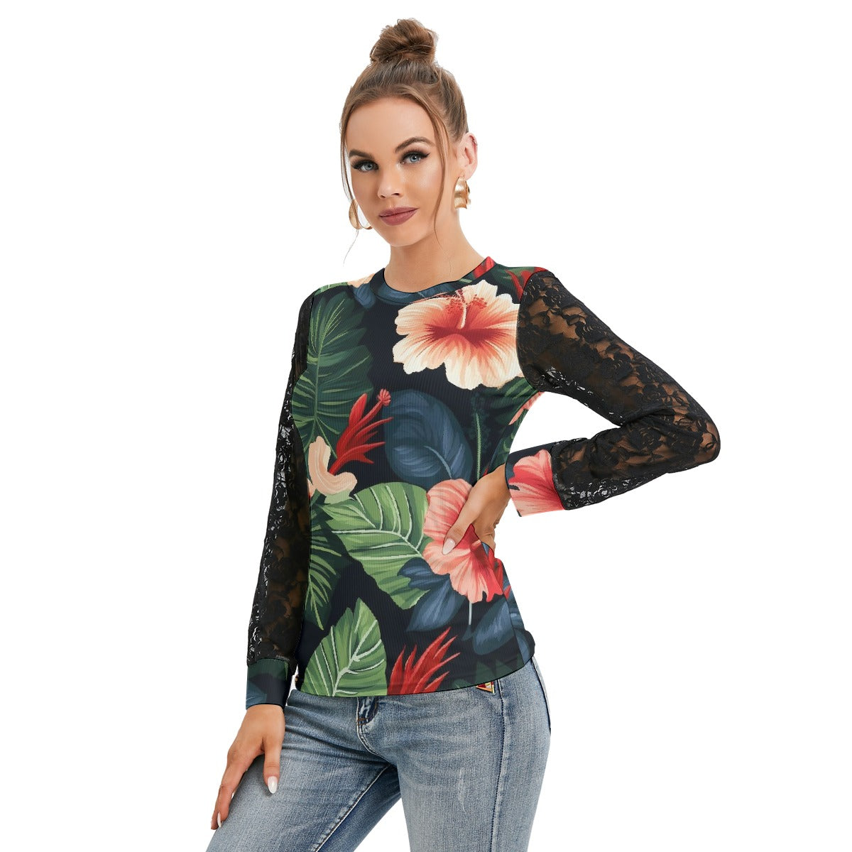 Hawaiian Hibiscus Women's Black Lace Sleeve Top - Spruced Roost