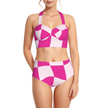 Mod Fushia Print Women's Swimsuit Set With Halter