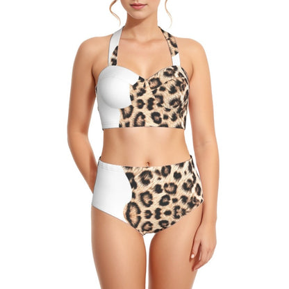 White Leopard Women's Swimsuit Set With Halter