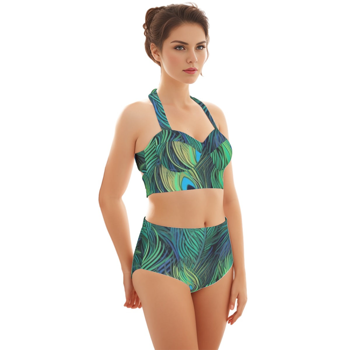 Peacock Feathers Women's Swimsuit Set With Halter