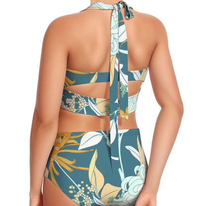 Foliage Women's Swimsuit Set With Halter