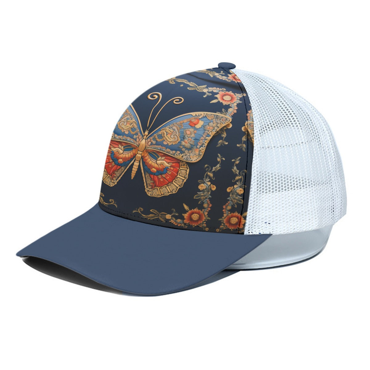 Blue Coral Butterfly Trucker Hat With White Half-mesh