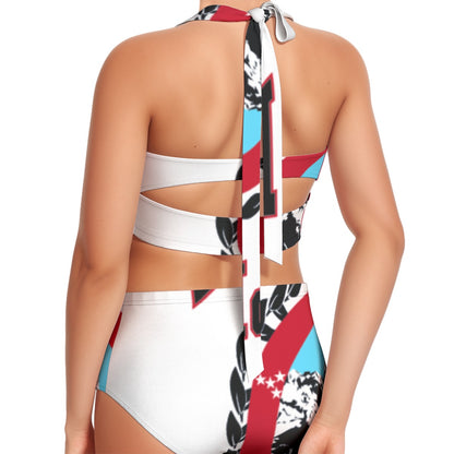 Red White Blue Print Women's Swimsuit Set With Halter